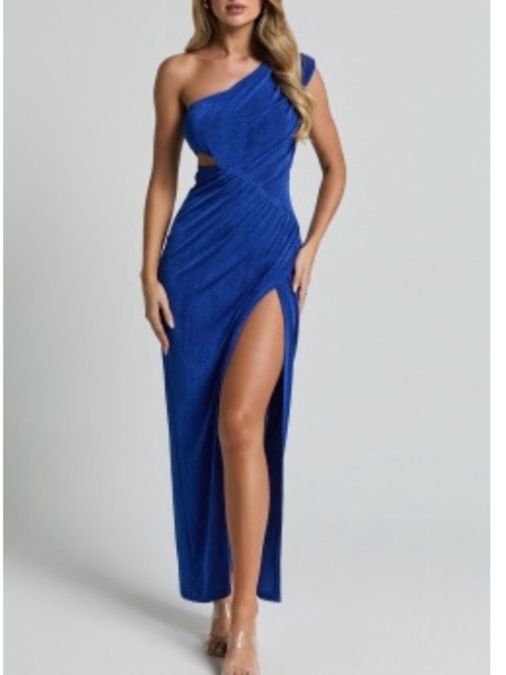 CRISTLE MIDI DRESS - ONE SHOULDER SIDE CUT OUT THIGH SPLIT DRESS IN COBALT
